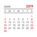 Calendar june 2019 year in simple style. Calendar planner design