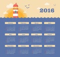 Calendar for 2016 with lighthouse, sunset, sea