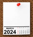 Calendar March 2024 on Blank Note Paper. 3d Rendering