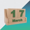 Calendar 17 march date icon st patrick`s day symbol 3d render. clipping paht