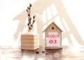 Calendar for March 3: a decorative house with the name of the month March in English, numbers 03, a bouquet of flowering willow in