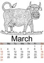 Calendar March month 2019. Antistress coloring cow, bull. Farm animal. Vector