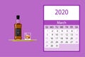 Calendar 2020. March monthly calendar decorated with cute whiskey bottle Royalty Free Stock Photo