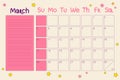 Calendar 2024 March. Planner with dates and notes in hippie retro style