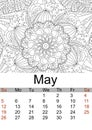 Calendar May month 2019. Antistress coloring flowers, patterns. Vector