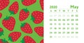 Calendar 2020. May month. Vector English wall calender. Red strawberry seamless pattern. Hand drawn fruits sketch Royalty Free Stock Photo