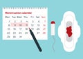 A calendar with the menstrual days marks and menstrual pad with blood drop. Vector illustration of blood period calendar. Menstrua