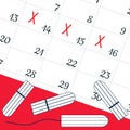 A calendar with the menstrual days marks and menstrual tampons. Vector illustration of blood period calendar. Menstruation period