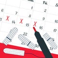 A calendar with the menstrual days marks and menstrual tampons. Vector illustration of blood period calendar and a red pen. Menstr