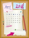 2018 calendar - month April - cork board with notes Royalty Free Stock Photo