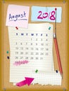 2018 calendar - month August - cork board with notes Royalty Free Stock Photo