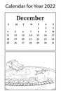 Calendar for 2022. Month of December. Raster coloring book. Kids toys.