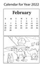 Calendar for 2022. Month of February. Raster coloring book. Desert, camels, sand and pyramids.