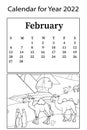 Calendar for 2022. Month of February. Vector coloring book. Desert, camels, sand and pyramids.