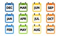 calendar 12 month icon set, color signs for all months of the year. Flat design isolated Vector Illustration Royalty Free Stock Photo