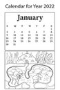 Calendar for 2022. Month of January. Raster coloring book. Ant colony and worker ants.