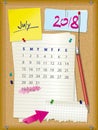 2018 calendar - month July - cork board with notes Royalty Free Stock Photo