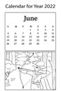 Calendar for 2022. Month of June. Vector coloring book. Archer in the forest hunting for animals.