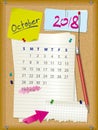 2018 calendar - month October - cork board with notes Royalty Free Stock Photo