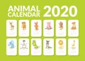 Calendar 2020, Monthly Calendar with Cute Animals, Deer, Owl, Cat, Pig, Dog, Elephant, Zebra, Crocodile, Raccoon, Lion