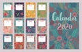 Calendar 2020. Monthly calendar with floral patterns. Hand drawn