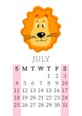 Calendar 2021. Monthly calendar for July 2021 from Sunday to Saturday. Yearly Planner. Templates with cute hand drawn face animals Royalty Free Stock Photo