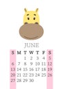 Calendar 2021. Monthly calendar for June 2021 from Sunday to Saturday. Yearly Planner. Templates with cute hand drawn face animals Royalty Free Stock Photo