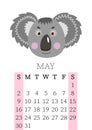 Calendar 2021. Monthly calendar for May 2021 from Sunday to Saturday. Yearly Planner. Templates with cute hand drawn face animals Royalty Free Stock Photo