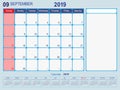 September 2019 Calendar Monthly Planner Design Royalty Free Stock Photo