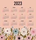 Calendar 2023 with 12 months. Sunday week start annual calendar. Single page calendar template with hand drawn boho