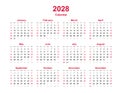 Calendar 2028 - 12 months yearly vector calendar in year 2028 - calendar template - planner calendar