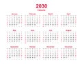 Calendar 2030 - 12 months yearly vector calendar in year 2030 - calendar template - planner calendar