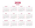 Calendar 2039 - 12 months yearly vector calendar in year 2039 - calendar template - planner calendar Royalty Free Stock Photo