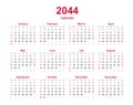 Calendar 2044 - 12 months yearly vector calendar in year 2044 - calendar template - planner calendar Royalty Free Stock Photo