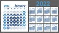 2022 calendar. New year planner design. English calender. Blue color vector template. Week starts on Sunday. Business planning Royalty Free Stock Photo