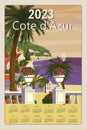 Calendar Nice French Riviera coast 2023 poster vintage. Mediterranean Resort, coast, sea, palms, beach. Retro style