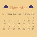 Calendar for November 2019 Beige background