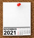 Calendar November 2021 on Blank Note Paper. 3d Rendering