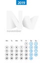 Calendar for November 2019, blue circle design. English language, week starts on Monday Royalty Free Stock Photo