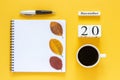 Calendar November 20 cup of coffee, notepad with pen and yellow leaf on yellow background Royalty Free Stock Photo