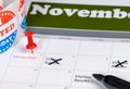 Calendar for November 2020 with election results marked and deleted as delays occur in counting votes Royalty Free Stock Photo