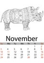 Calendar November month 2019. Antistress coloring rhino, mandala, patterns. An animal from Africa. Raster
