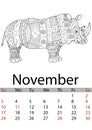 Calendar November month 2019. Antistress coloring rhino, mandala, patterns. An animal from Africa. Vector