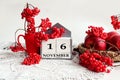 Calendar for November 16: the name of the month in English, the number 16, a bouquet of viburnum and viburnum branches, apples on