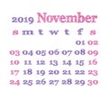 Calendar 2019. November. Vector template. English calender. Week Royalty Free Stock Photo