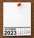 Calendar October 2023 on Blank Note Paper. 3d Rendering