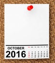Calendar October 2016. 3d Rendering
