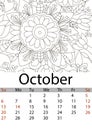 Calendar October month 2019. Antistress coloring flower, mandala, patterns. Raster