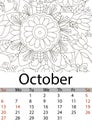 Calendar October month 2019. Antistress coloring flower, mandala, patterns. Vector