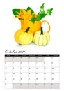 Calendar for the month of October 2021 with pumpkins in beautiful colors and different shapes.